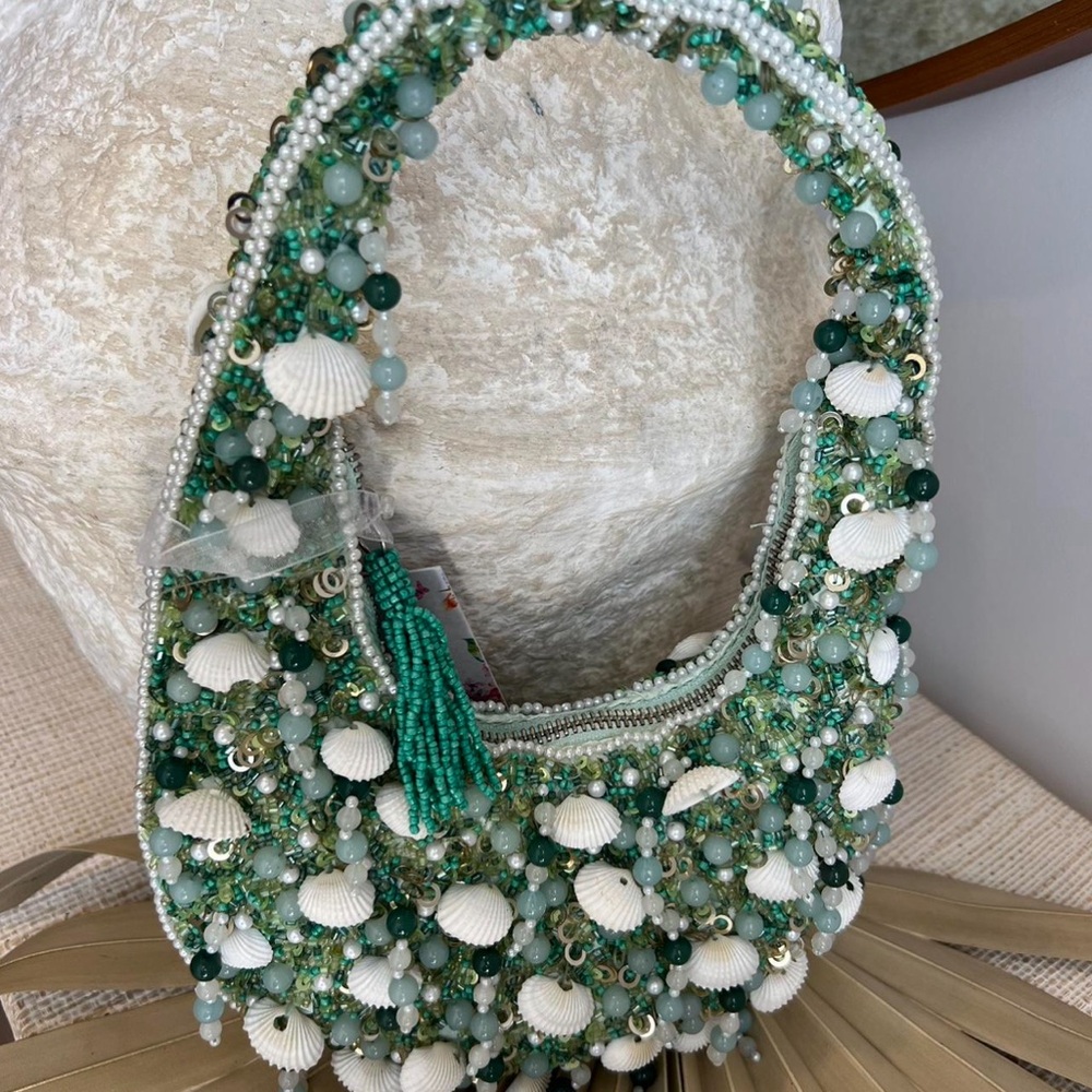 VIRAL Green and Seashell Beaded Bag, NWT